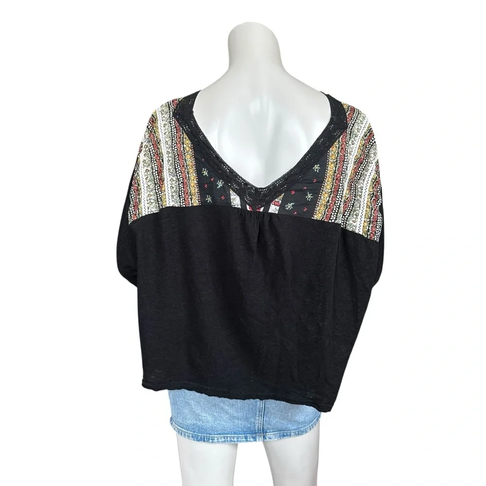 Free People Prairie Days Black & Floral Rustic Boho Linen Cotton Blouse Small